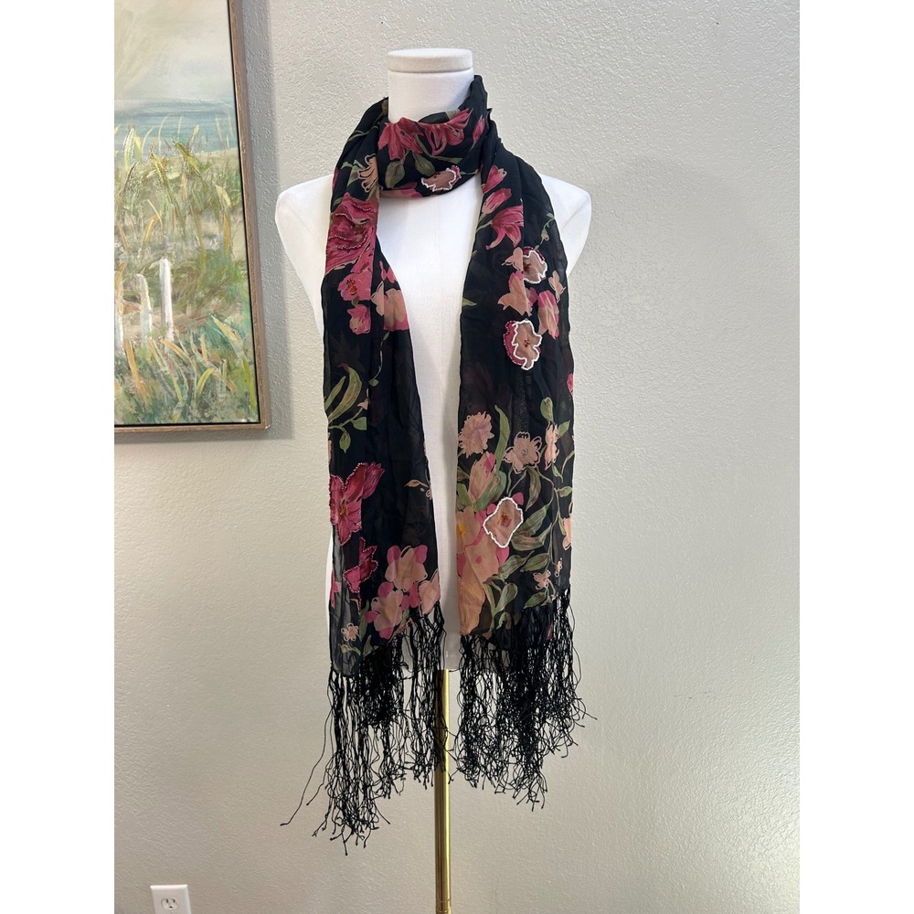 Sue Wong Nocturne 100% Silk Floral Beaded Fringe Scarf Black Pink Wrap Shawl - Picture 3 of 5